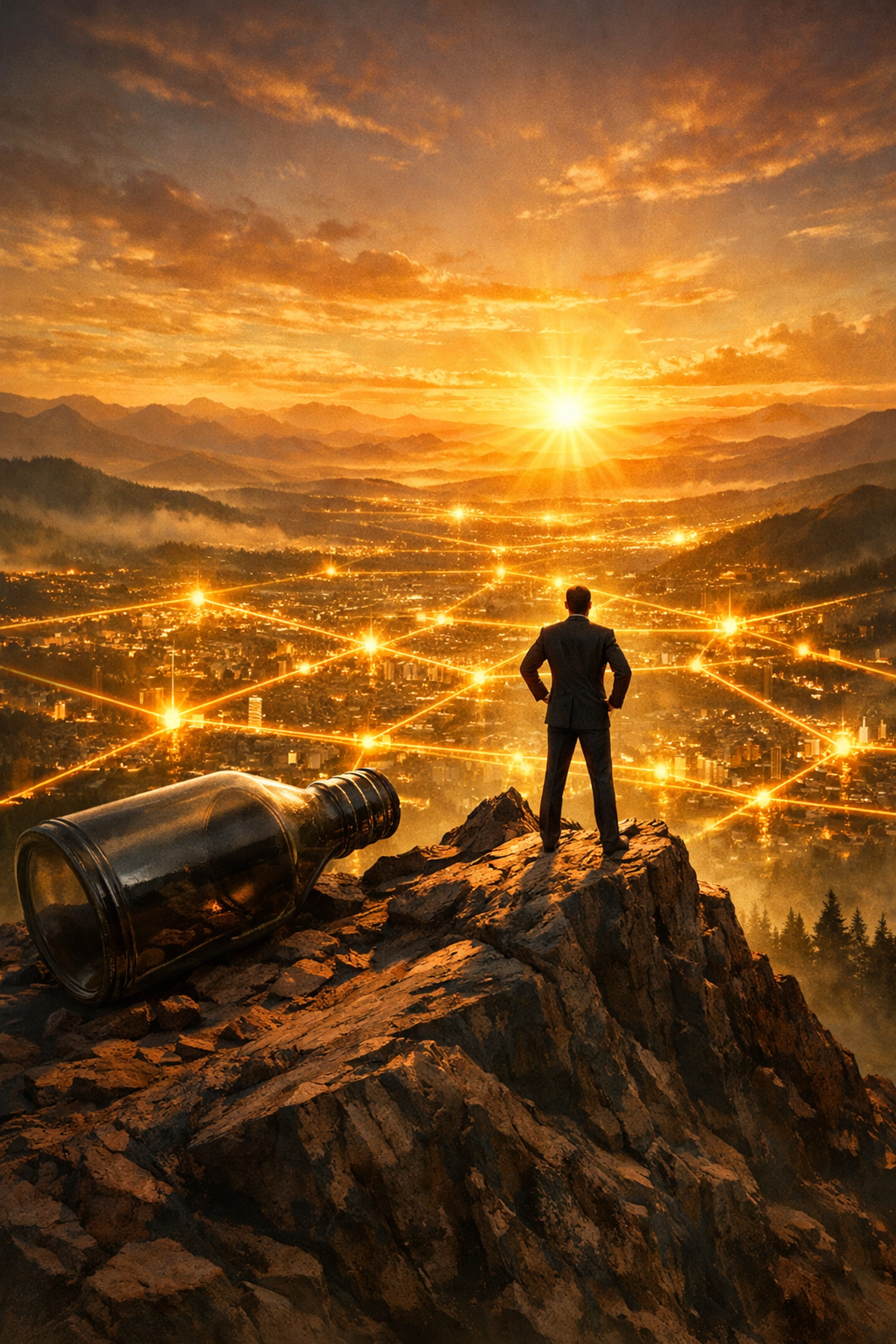 A CEO stepping out of a bottleneck to lead a high-growth business from a mountain peak. A CEO stepping out of a bottleneck to lead a high-growth business from a mountain peak.