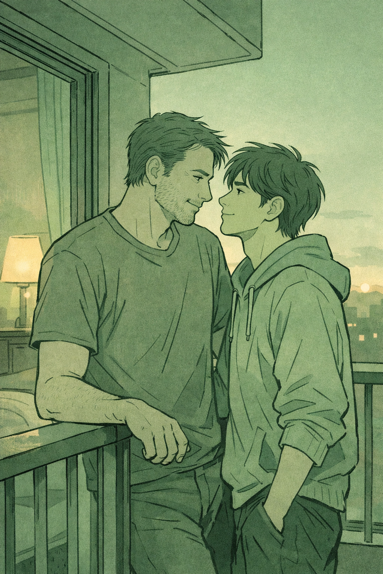 Gay romance emotional connection between older and younger man in neutral setting