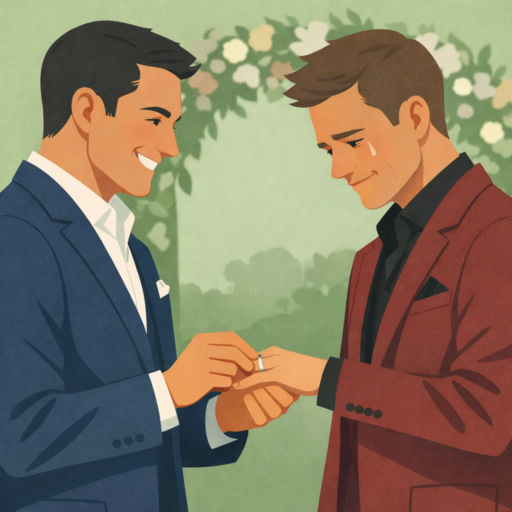 Emotional ring exchange between two grooms in complementary suits at outdoor wedding ceremony