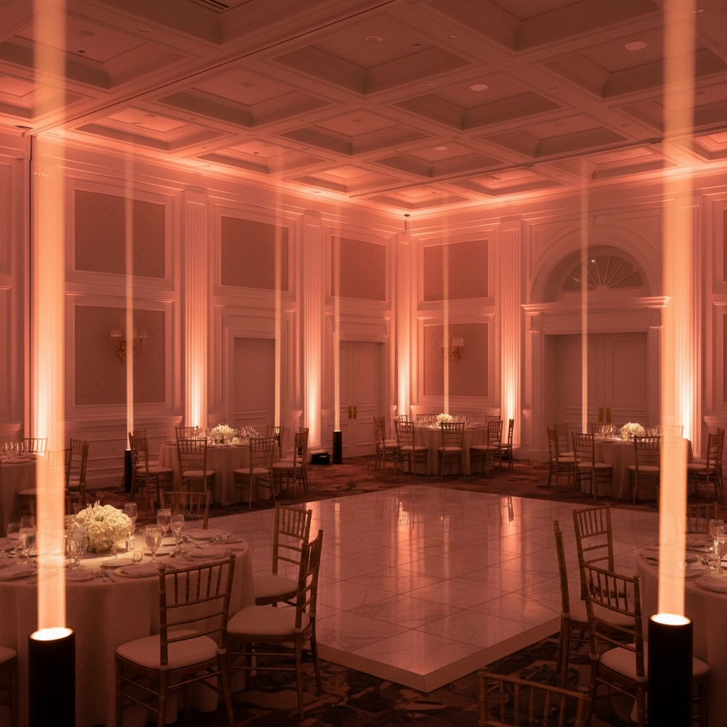 Elegantly lit ballroom with round tables and gold chairs surrounding a polished dance floor. Warm lighting creates a welcoming atmosphere.