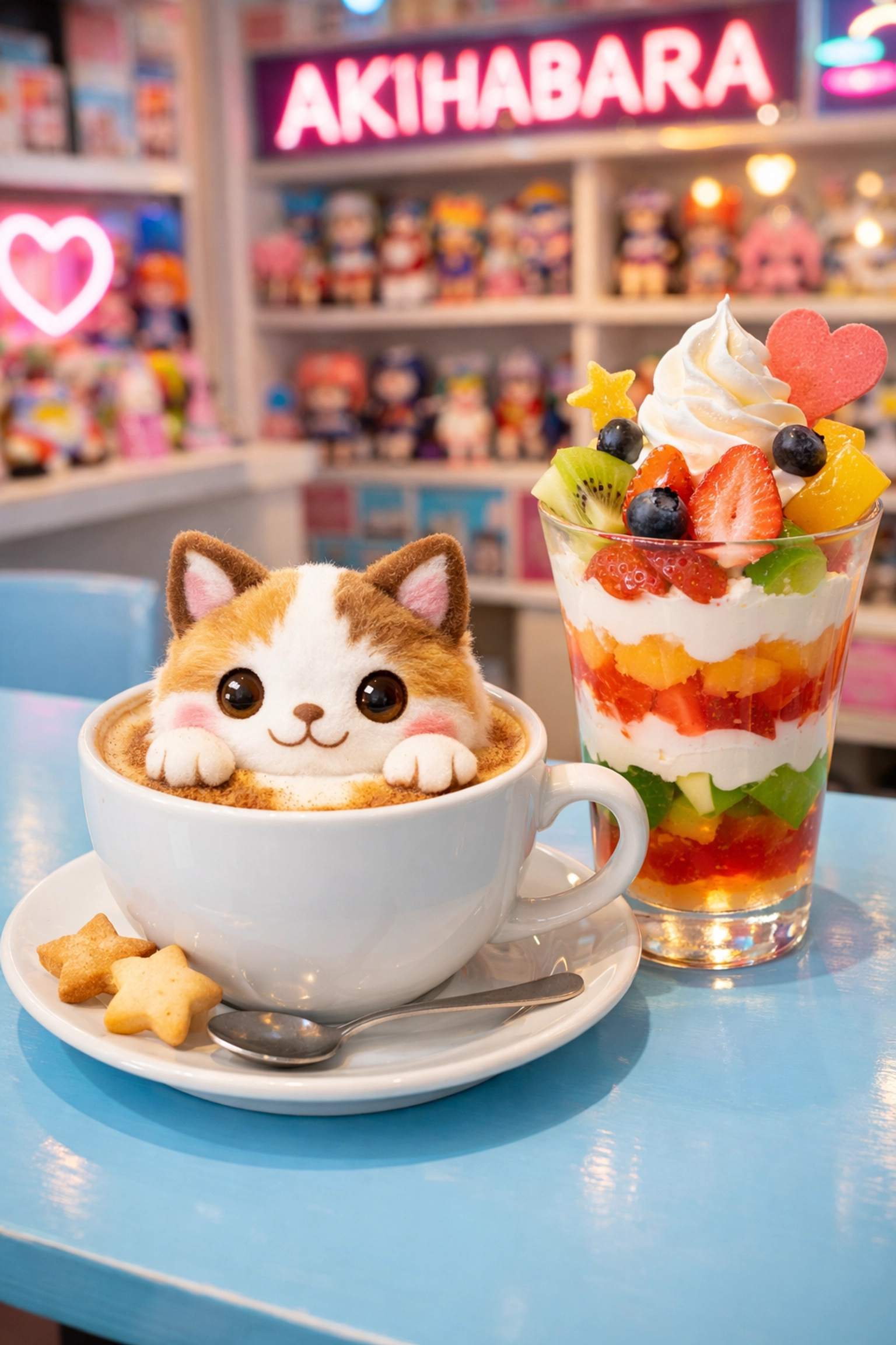 Unique 3D cat latte art and colorful fruit parfait served in a bright Akihabara themed cafe.