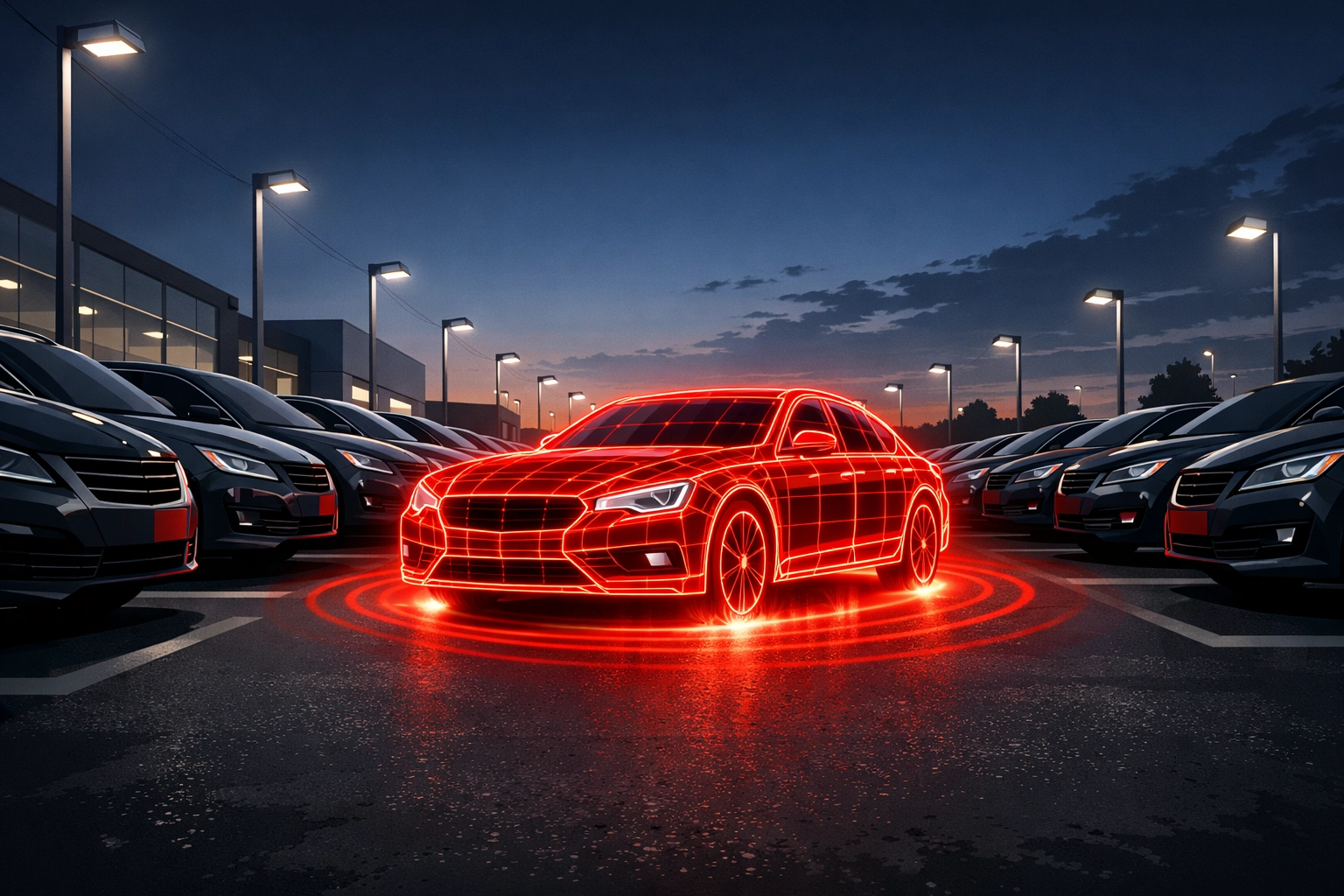 A dealership lot showing a specific vehicle highlighted with a red digital safety recall warning pulse.