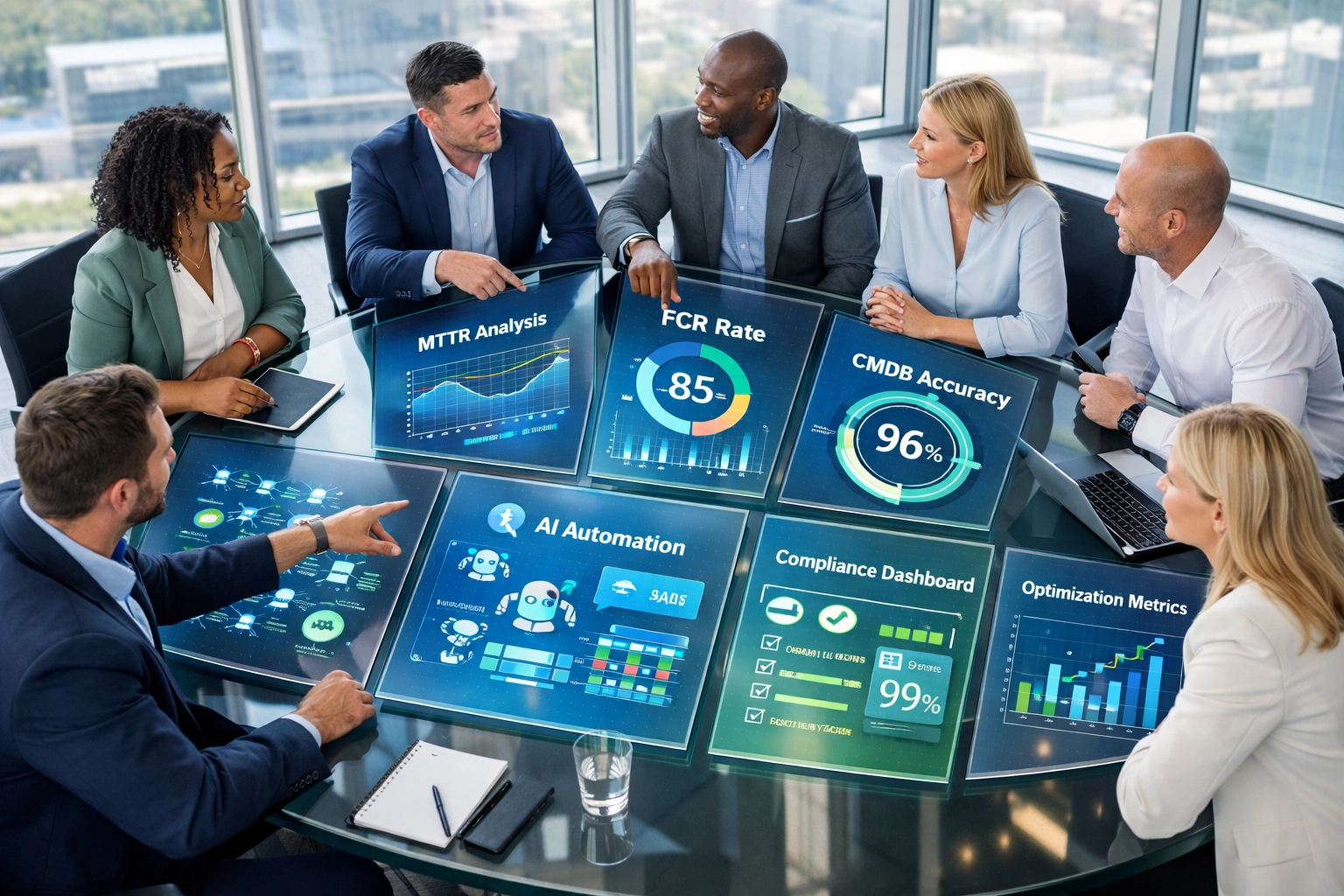 Business professionals analyzing ServiceNow ITOM metrics including MTTR and CMDB accuracy
