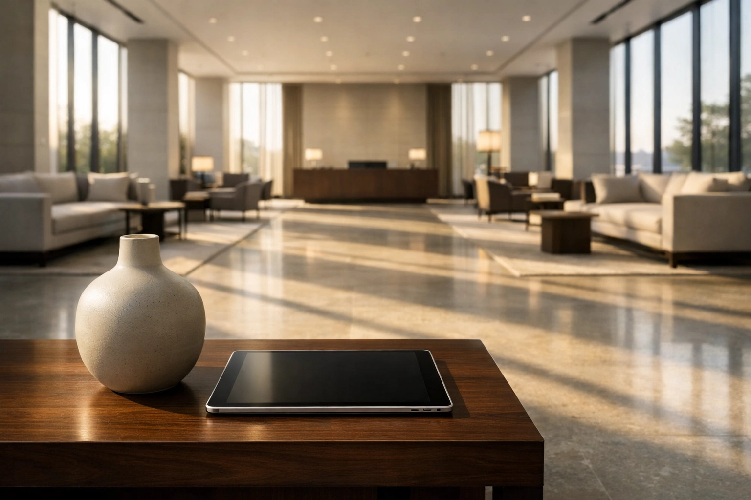 Modern hotel lobby featuring a tablet running integrated CRM and channel manager software.