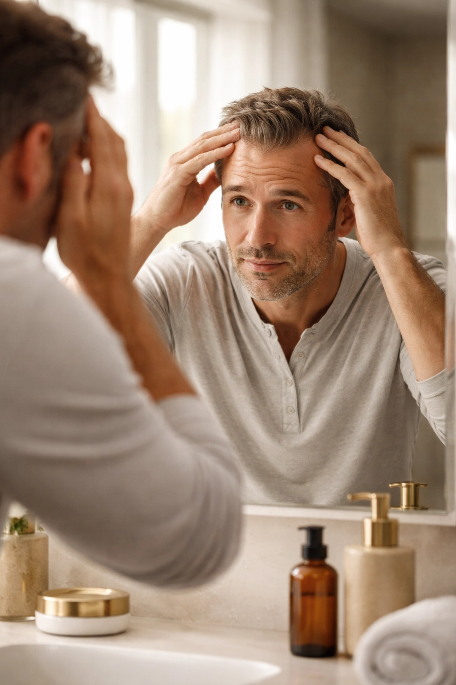 Middle-aged man examines thinning hair in mirror, beginning hair restoration journey in Coral Gables