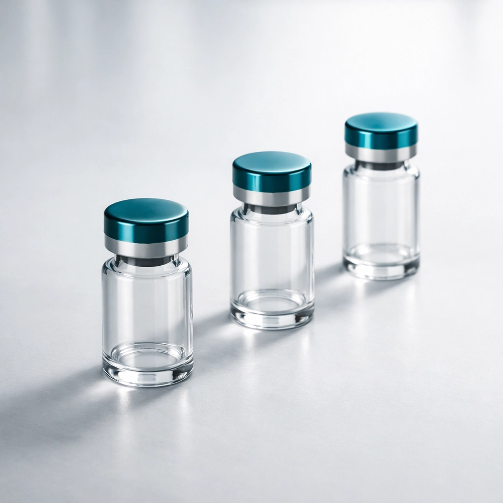 Three clinical research vials with teal caps illustrating proper peptide storage and solvent compatibility.