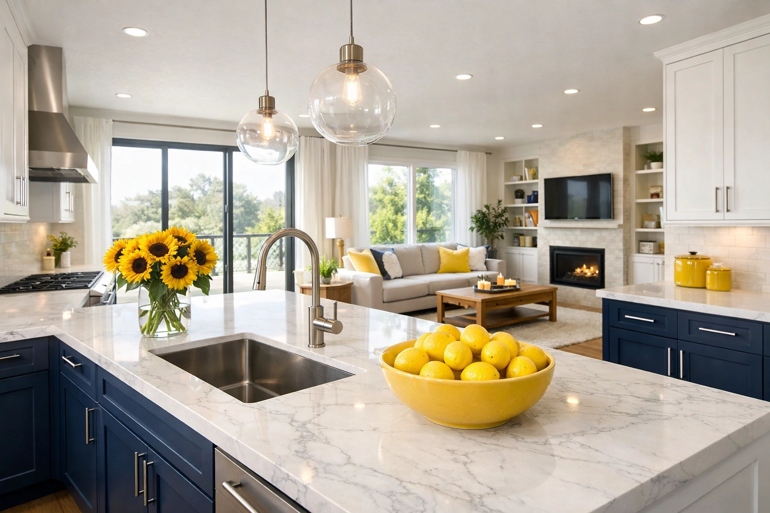 Pristine open-concept kitchen and living room showcasing a customized bi-weekly cleaning result.