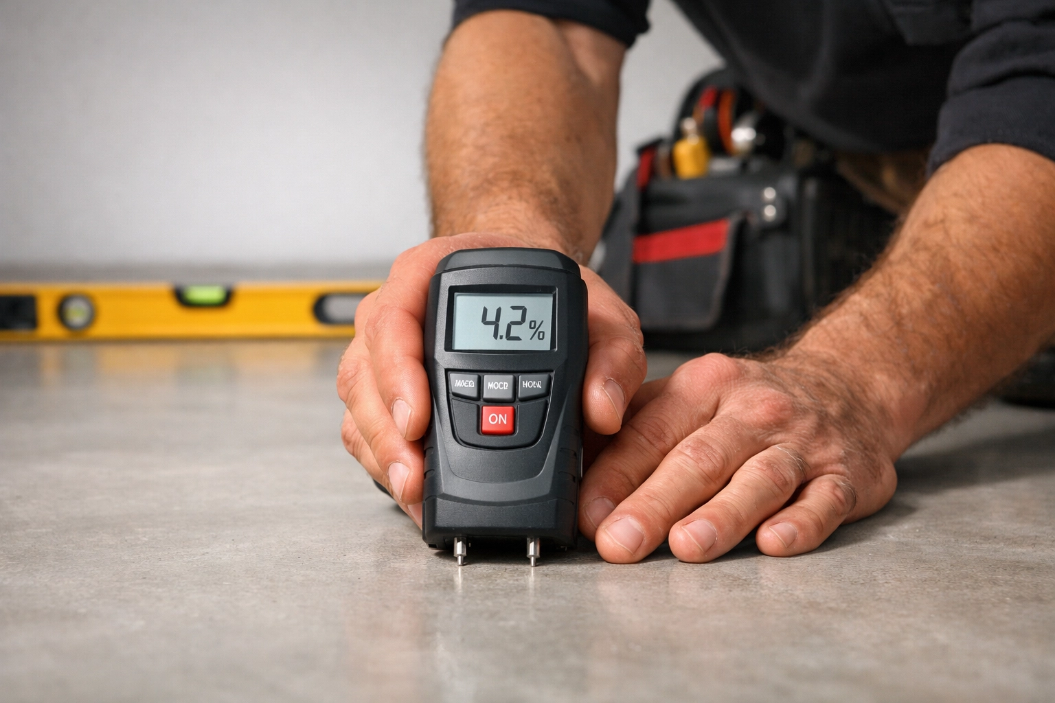 Professional flooring contractor using a moisture meter on a concrete subfloor for quality control testing.