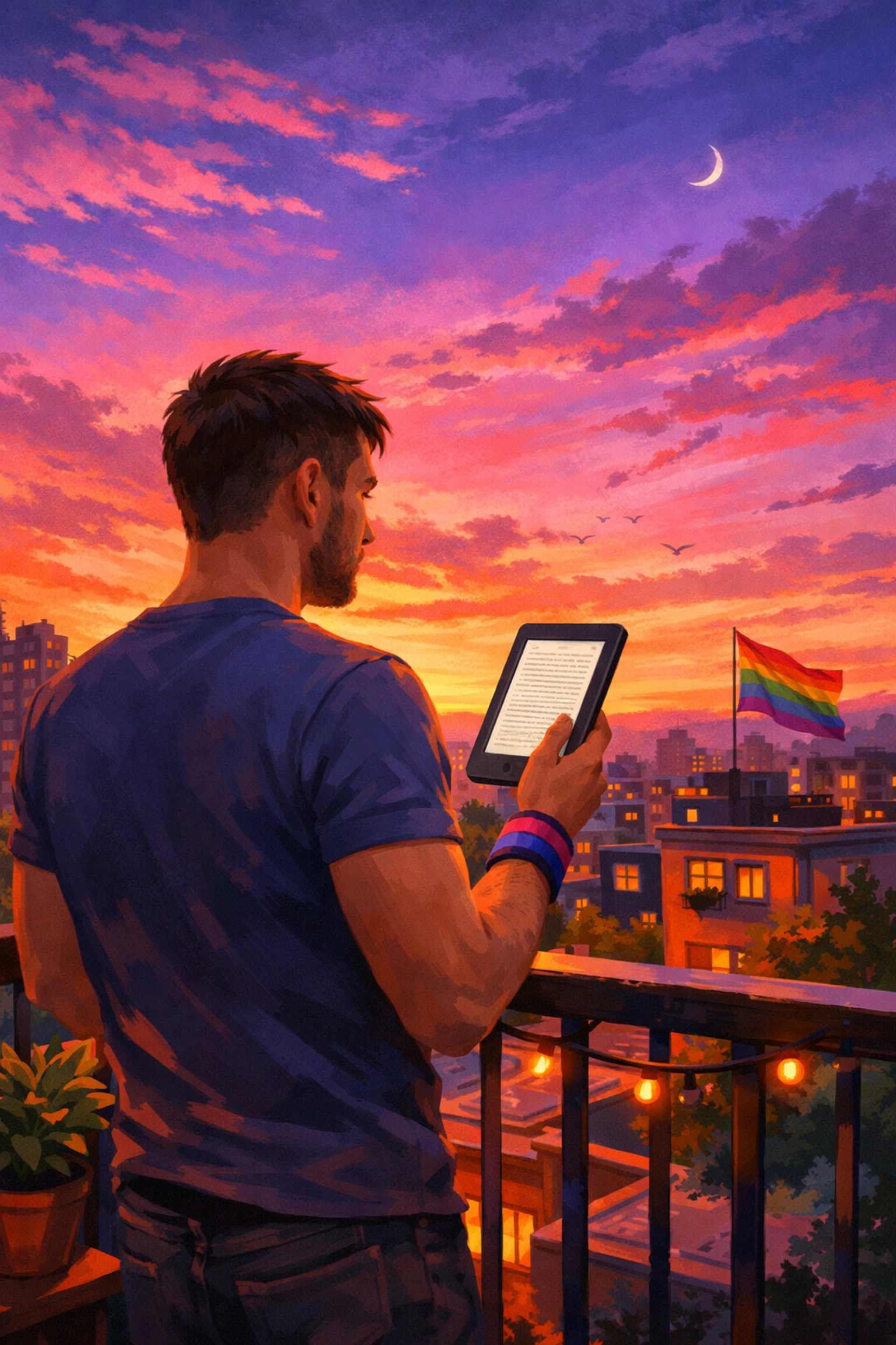 A man reading queer fiction on an e-reader at sunset, symbolizing new beginnings and bisexual pride.
