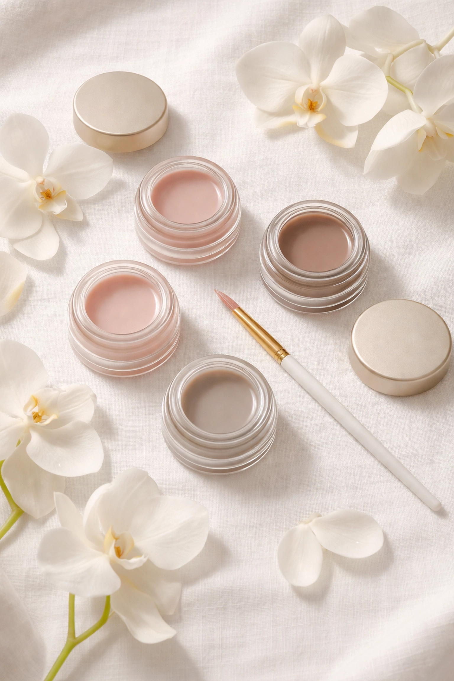 Flat-lay of premium Japanese gel nail products and milky polish shades for luxurious gel manicures near Norwood, MA.