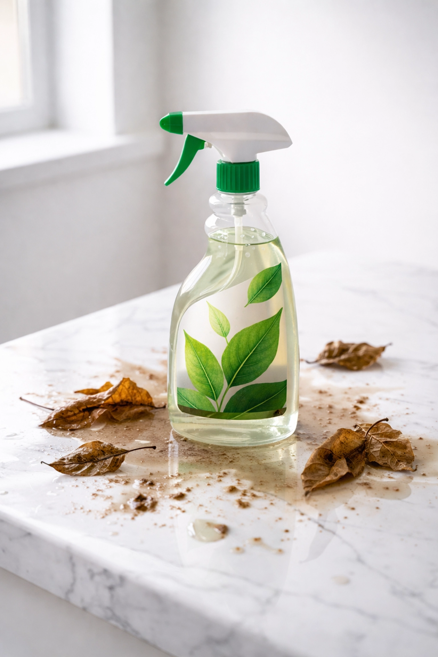 Cleaning spray bottle with green leaf marketing surrounded by wilting leaves showing greenwashing contrast