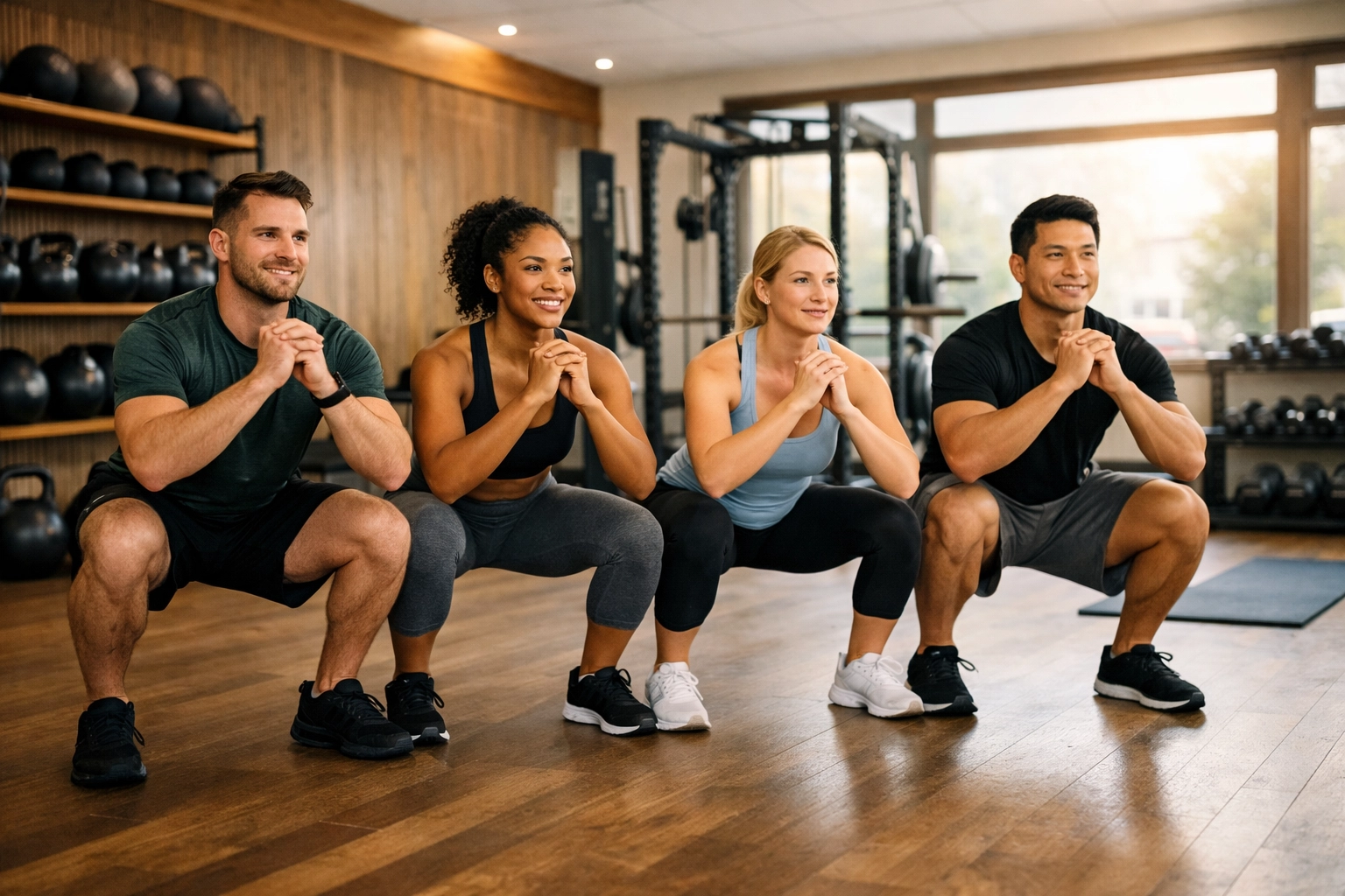 Small group personal training in Bournemouth performing synchronized squats in a friendly boutique gym setting.