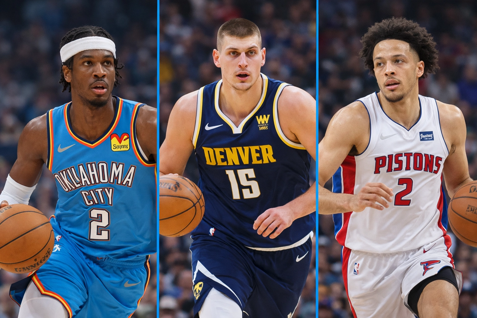 MVP race collage featuring Shai Gilgeous-Alexander, Nikola Jokic, and Cade Cunningham