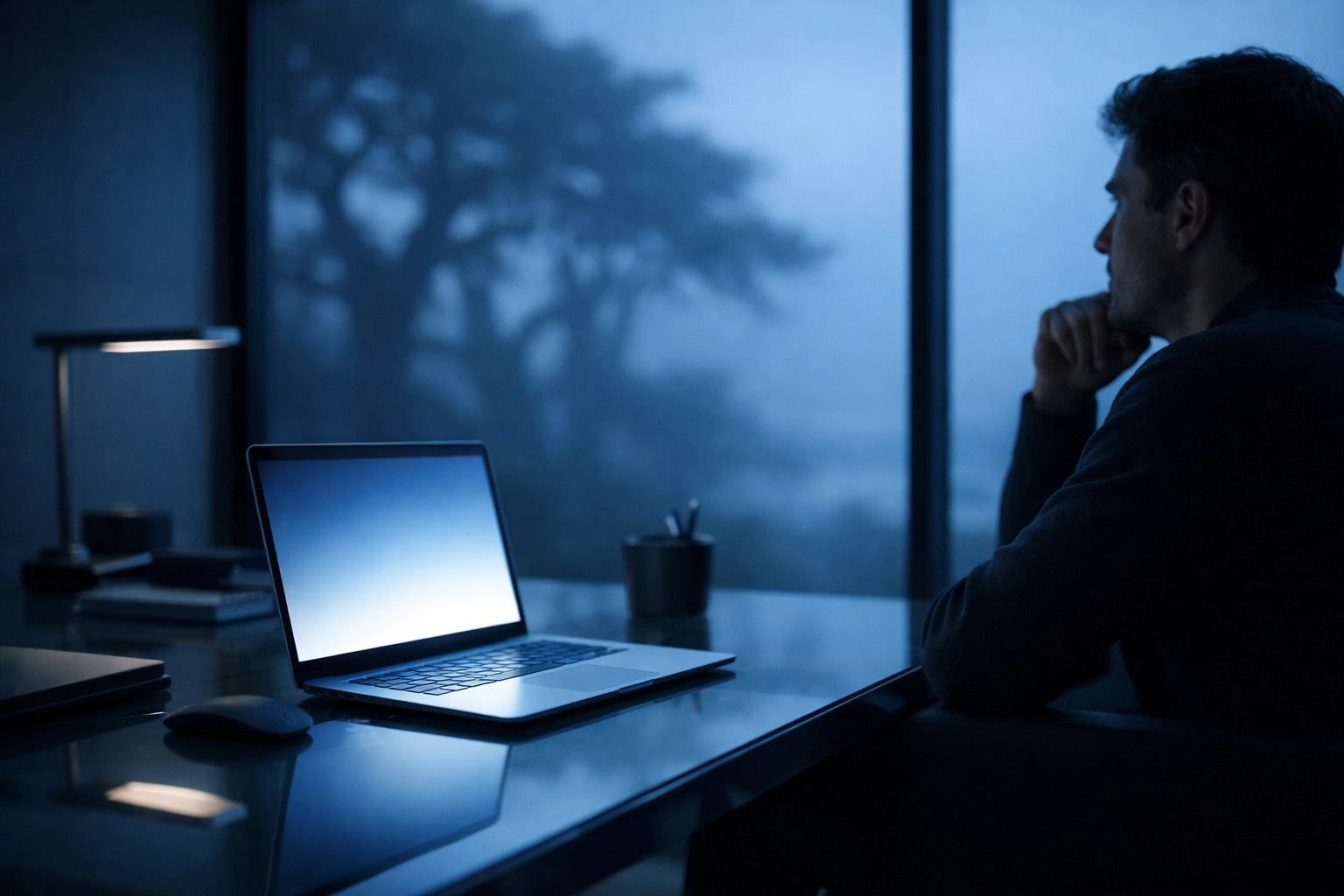 Person in a modern office looking at nature, illustrating digital disruption and the convenience trap.
