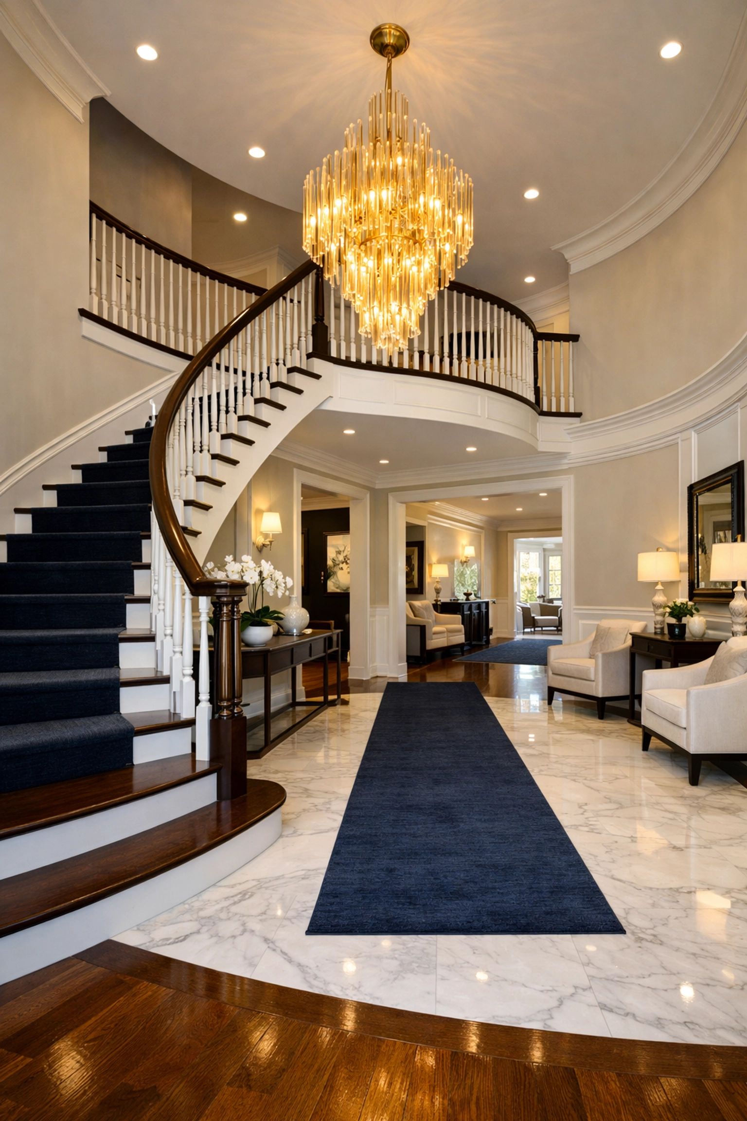 Grand foyer with polished marble floors cleaned by a professional luxury house cleaning service in Natick.