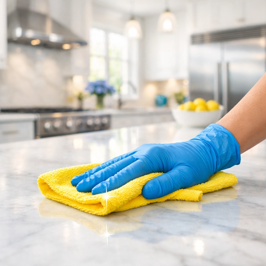 Professional house cleaning service in Fitchburg wiping a high-end marble kitchen countertop.