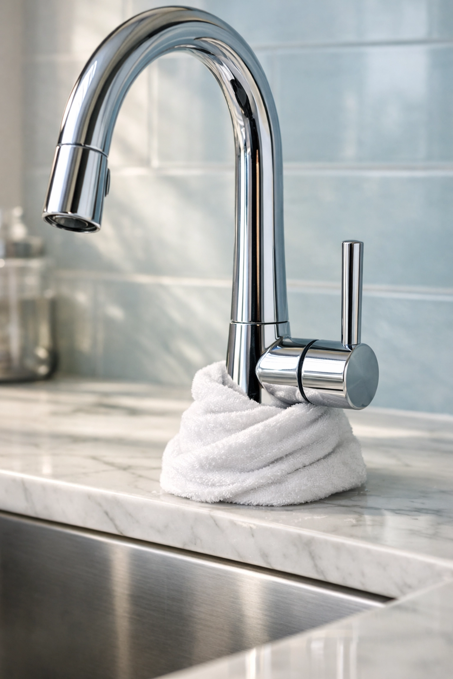 White cloth wrapped around a chrome kitchen faucet base for vinegar cleaning of hard water spots.