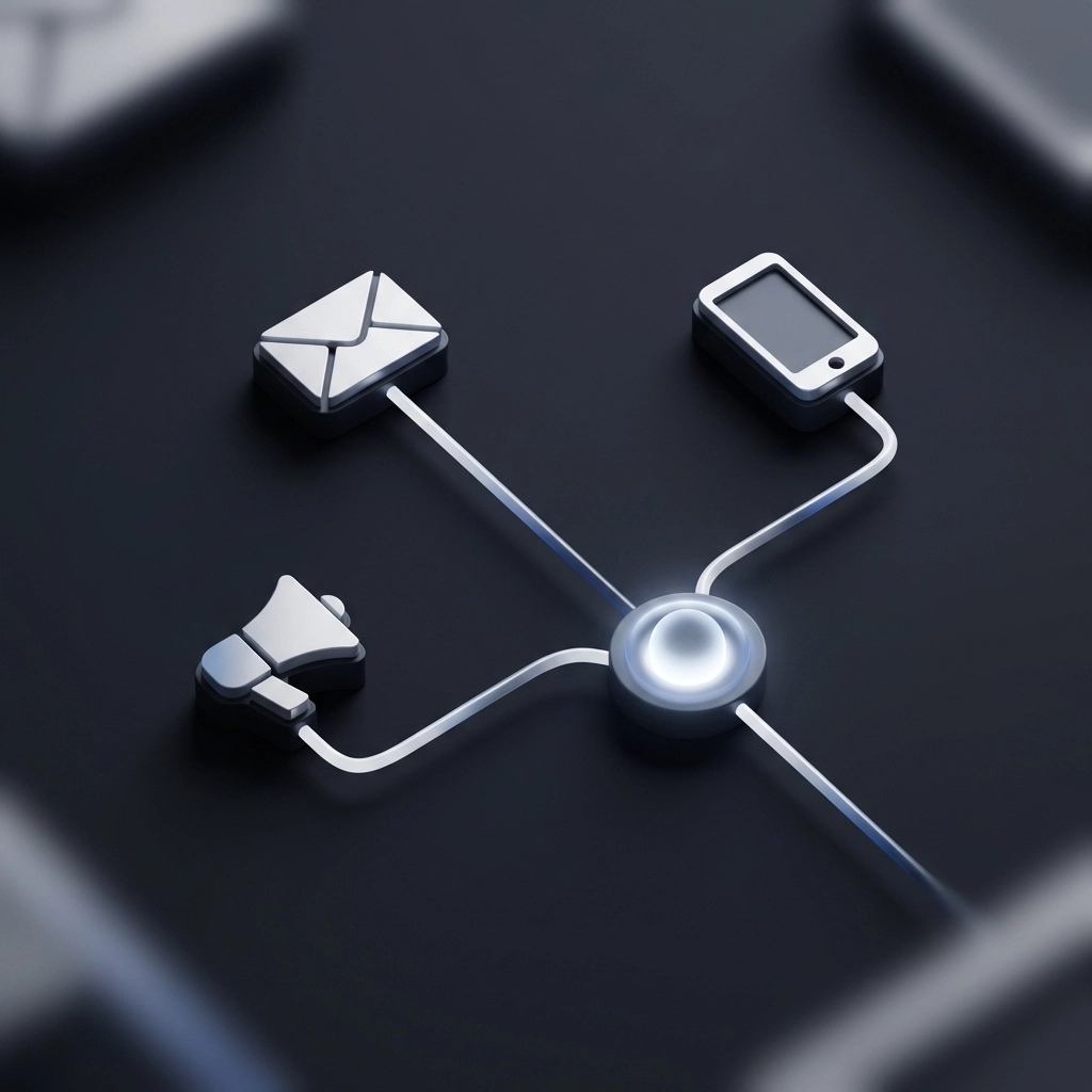 Minimalist visualization representing automated lead nurturing across multiple communication channels for consultants