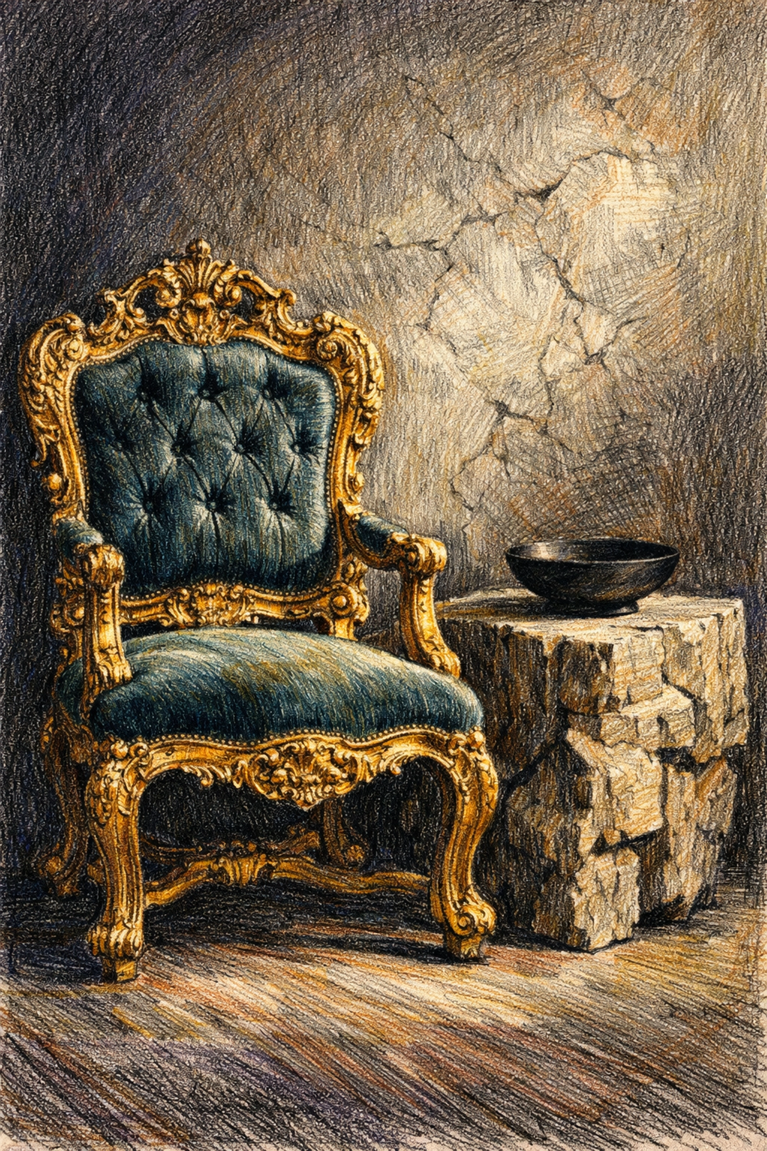 Luxury hospitality design showcasing a vintage French chair paired with a brutalist stone table.