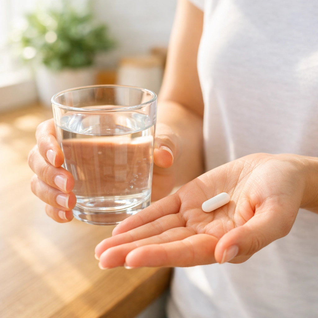 Person holding an oral weight loss medication capsule and water, representing an Ozempic alternative.