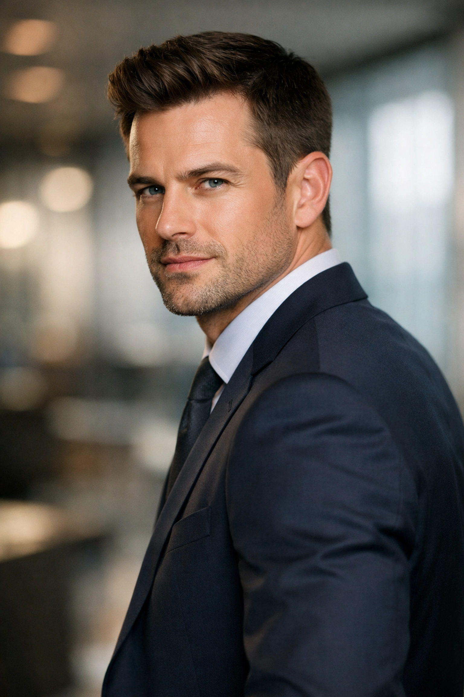 Professional corporate headshot tips showing an executive in a confident three-quarter turn pose.