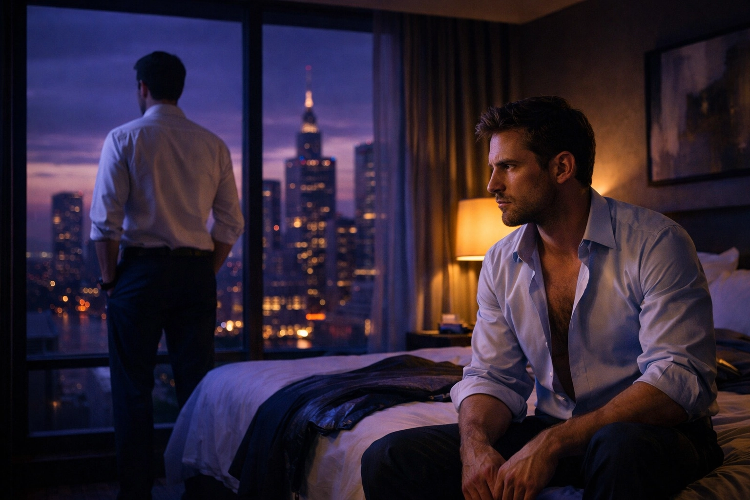 Two men in hotel room during business trip - office romance MM fiction forbidden attraction