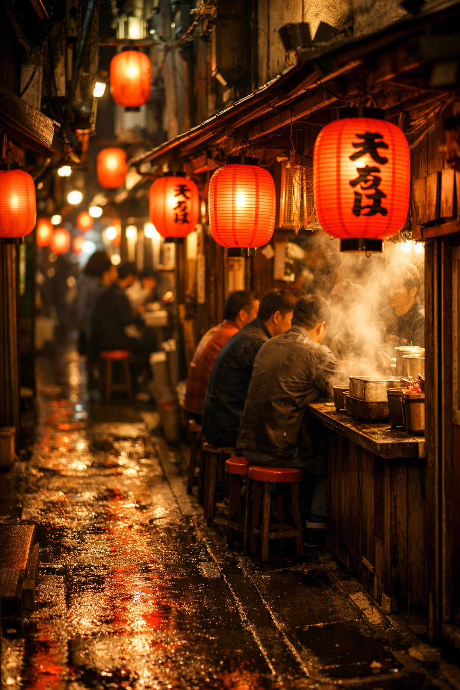 Atmospheric Tokyo yokocho alleyway at night with glowing lanterns and a local ramen stall, a top food tour highlight.