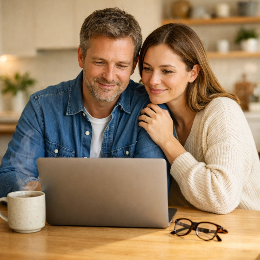 A couple in Woking review remortgage advice on a laptop to save money on monthly payments.