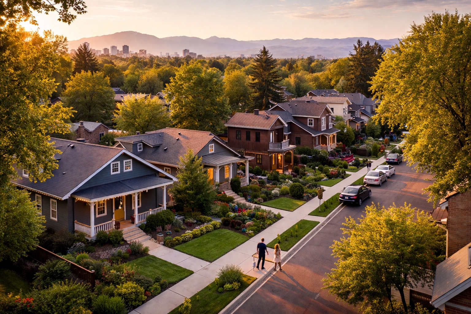 Aerial view of a Denver neighborhood with modern homes, tree-lined streets, and mountain views, showcasing value communities.