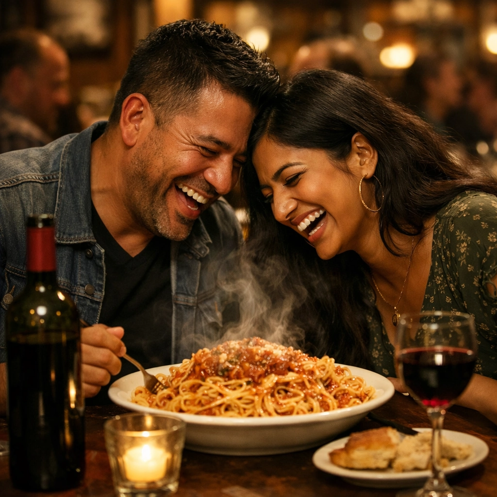 Diners enjoying a pasta dinner special for two, highlighting community tradition and restaurant value.
