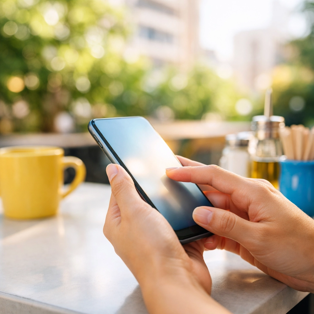 Supporter engaging with personalized fundraising content on a smartphone at a cafe.