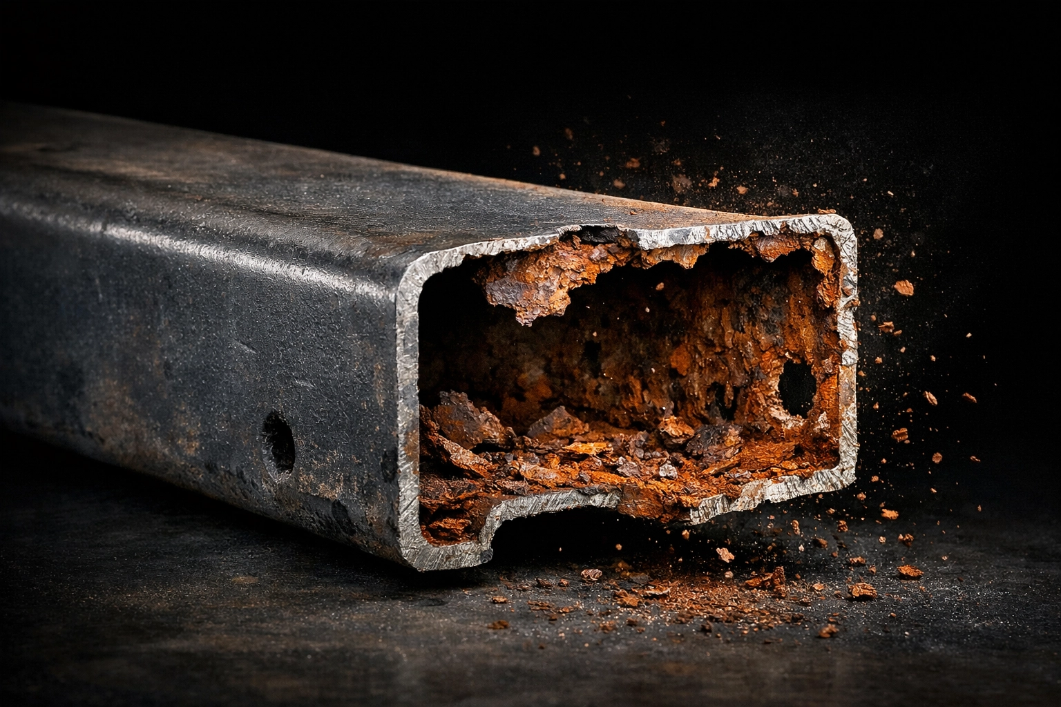 Cross-section of chassis rail revealing hidden internal rust corrosion damage