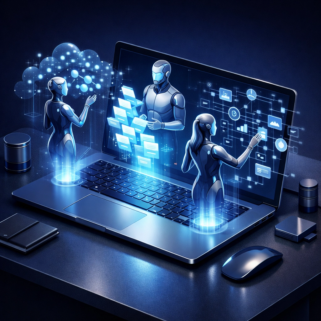 Digital AI agents managing automated business operations and complex data workflows for modern enterprises.