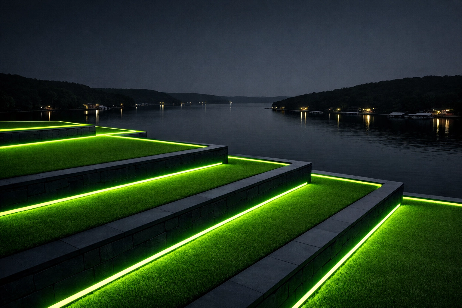 Professional shoreline landscaping and tiered retaining walls overlooking the Lake of the Ozarks in Camden County.