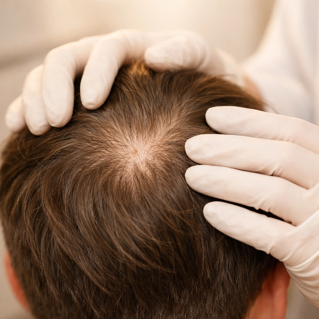 Medical professional examining patient scalp for hair loss evaluation and diagnosis