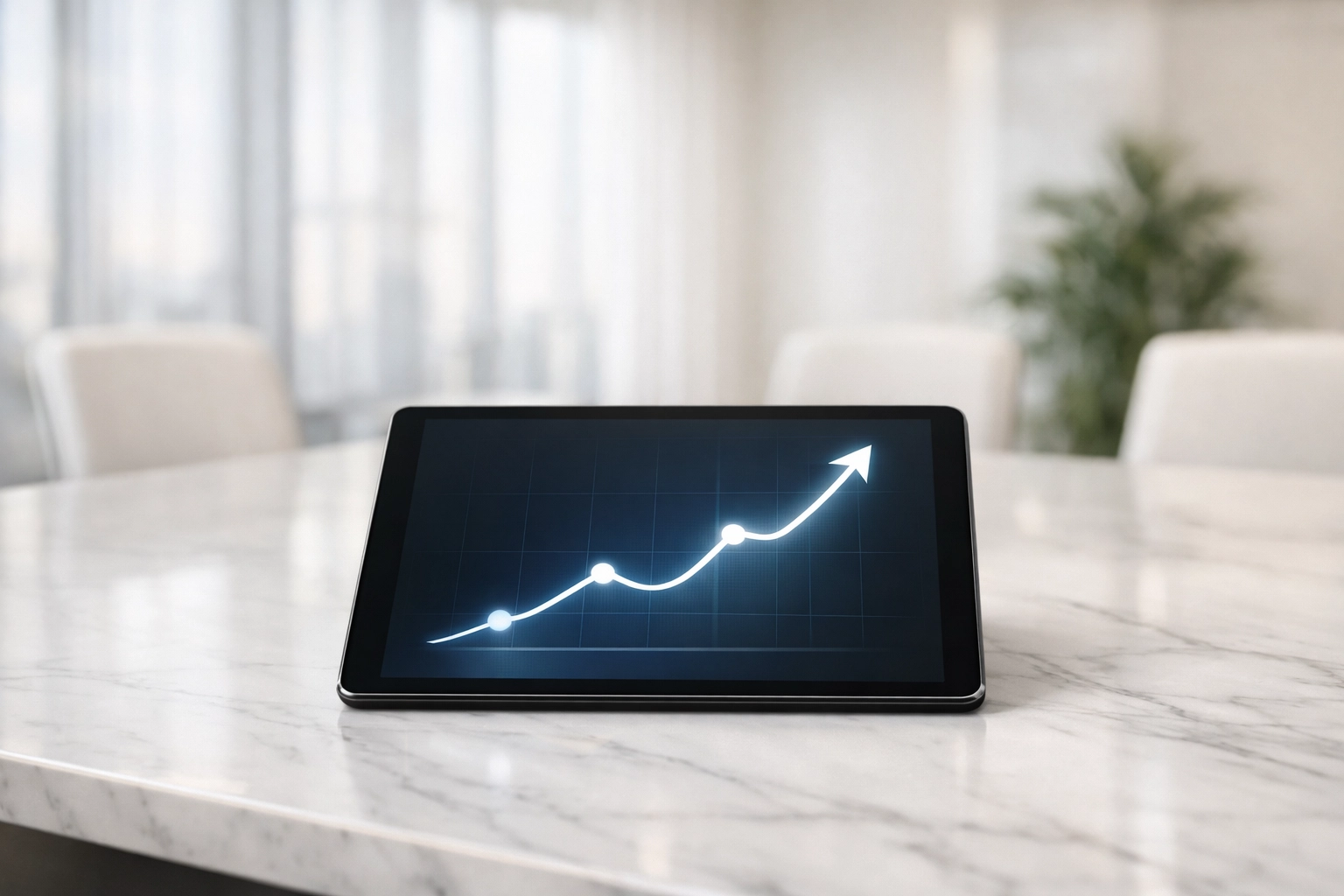 Minimalist office setting with a tablet showing upward growth trends for a Mississippi business sale.