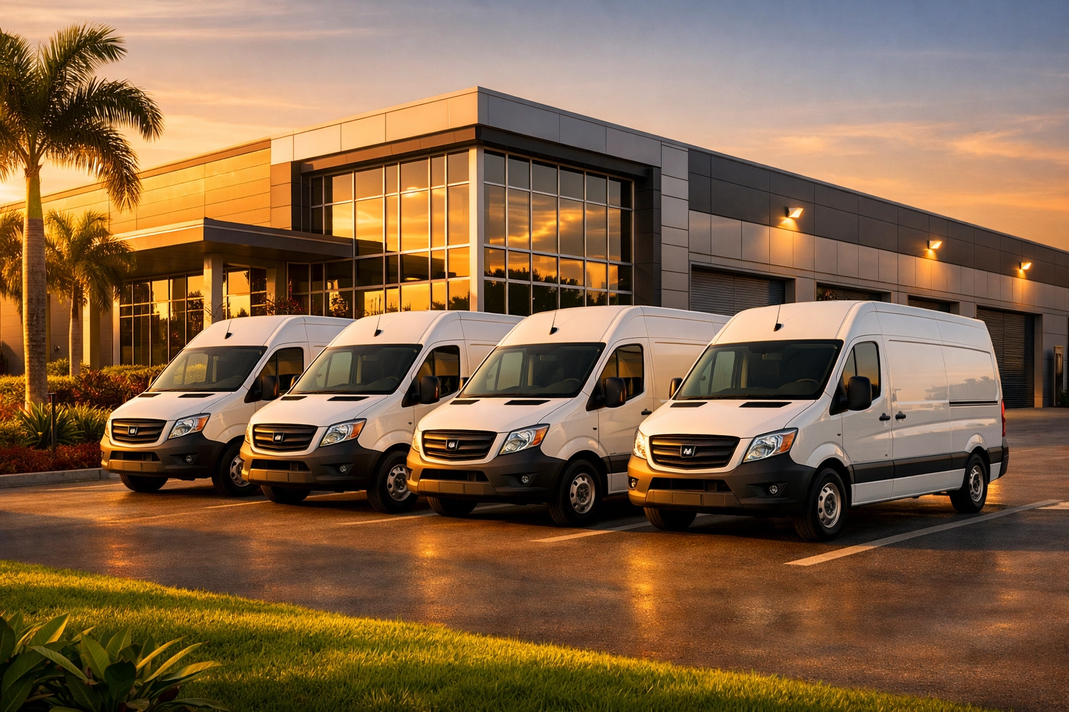 Modern industrial warehouse and service fleet in Cape Coral highlighting local business value growth.