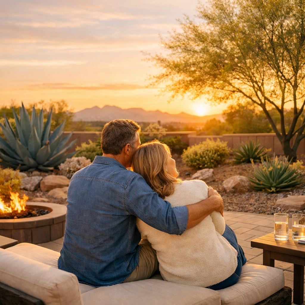 A couple relaxes on their West Valley Arizona patio, reflecting on homeownership and financial peace of mind.