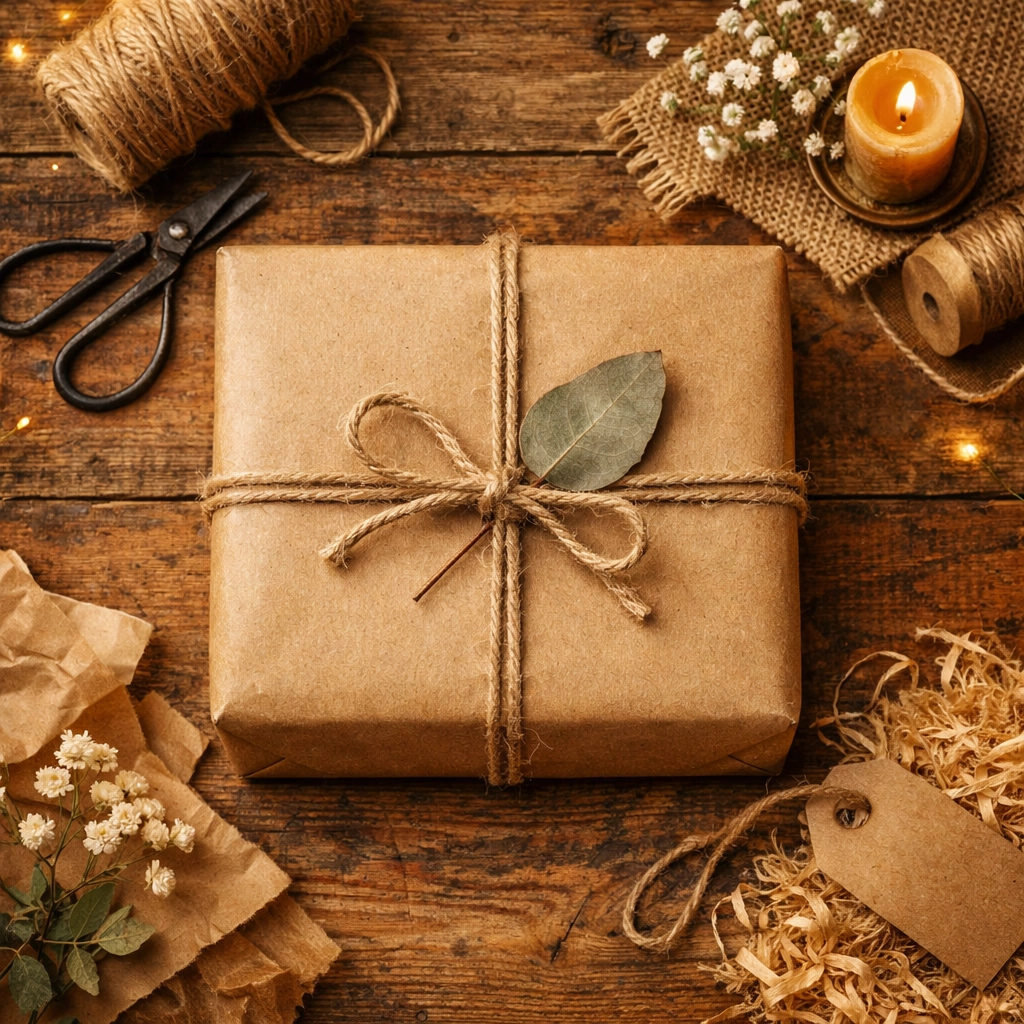One-of-a-kind gifts in sustainable packaging with kraft paper and natural twine.