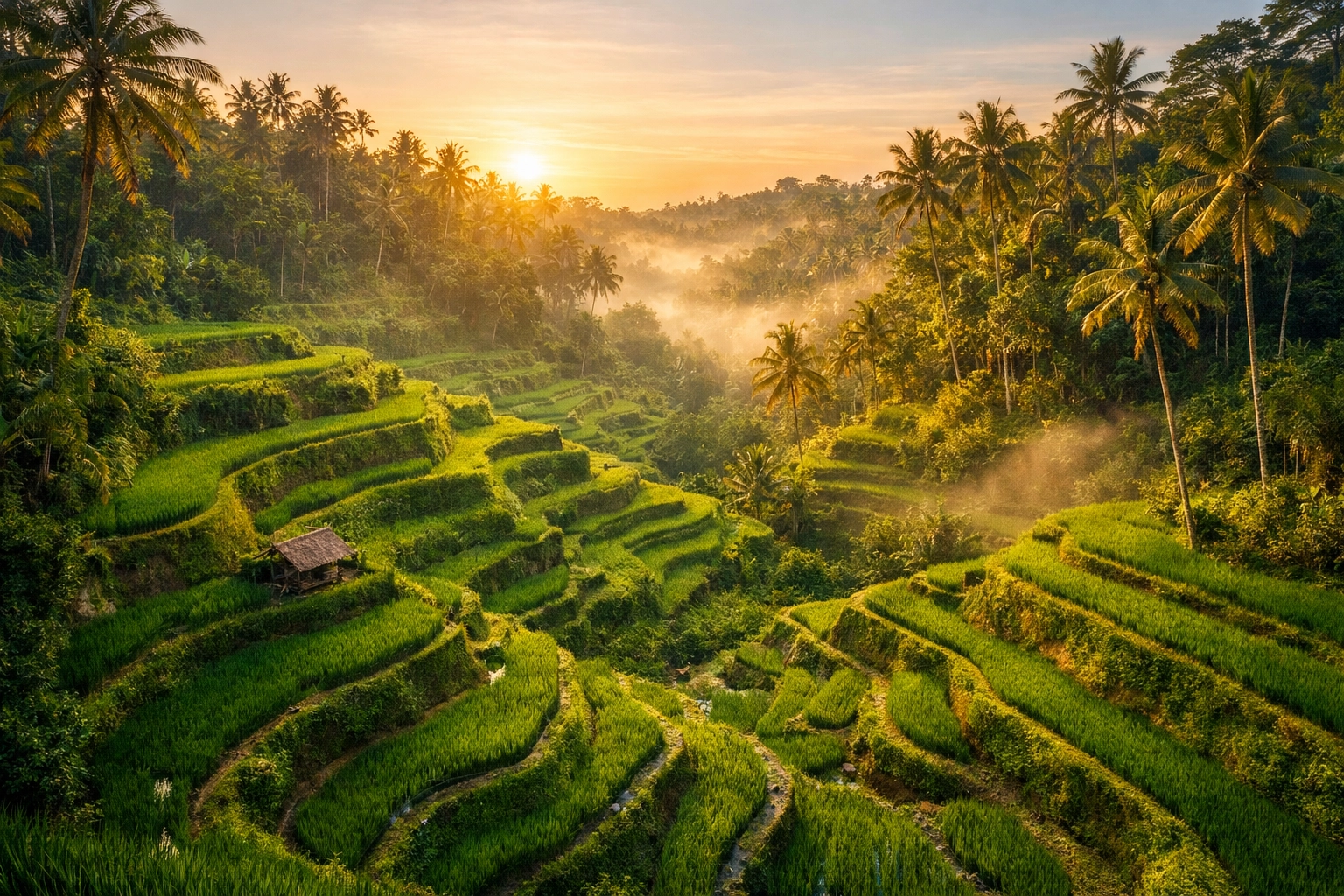 Sunrise over Tegalalang Rice Terraces, one of the best photography locations in Ubud, Bali.