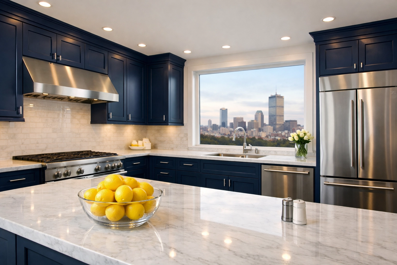 Spotless modern kitchen in a Boston apartment with white marble countertops and blue cabinets.