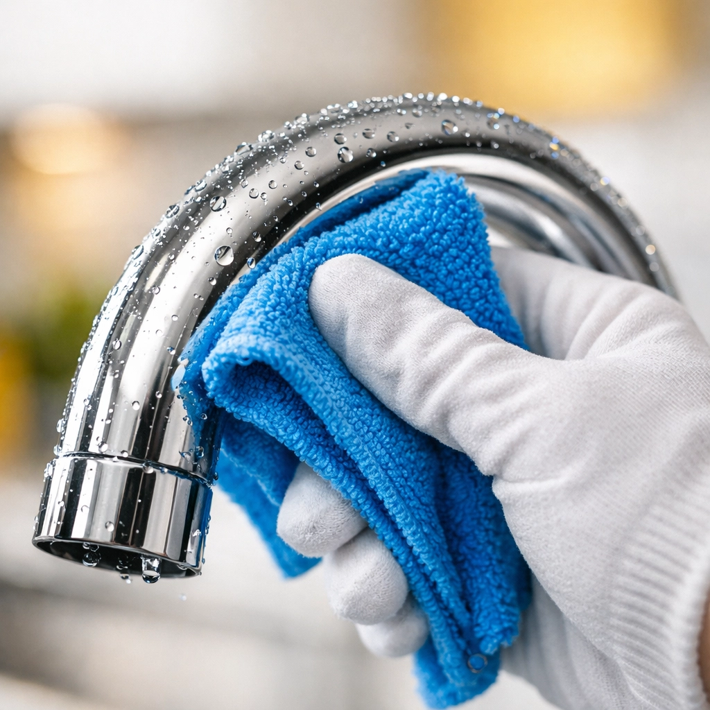 Detailed professional kitchen cleaning service polishing a faucet in a Wayland residence.