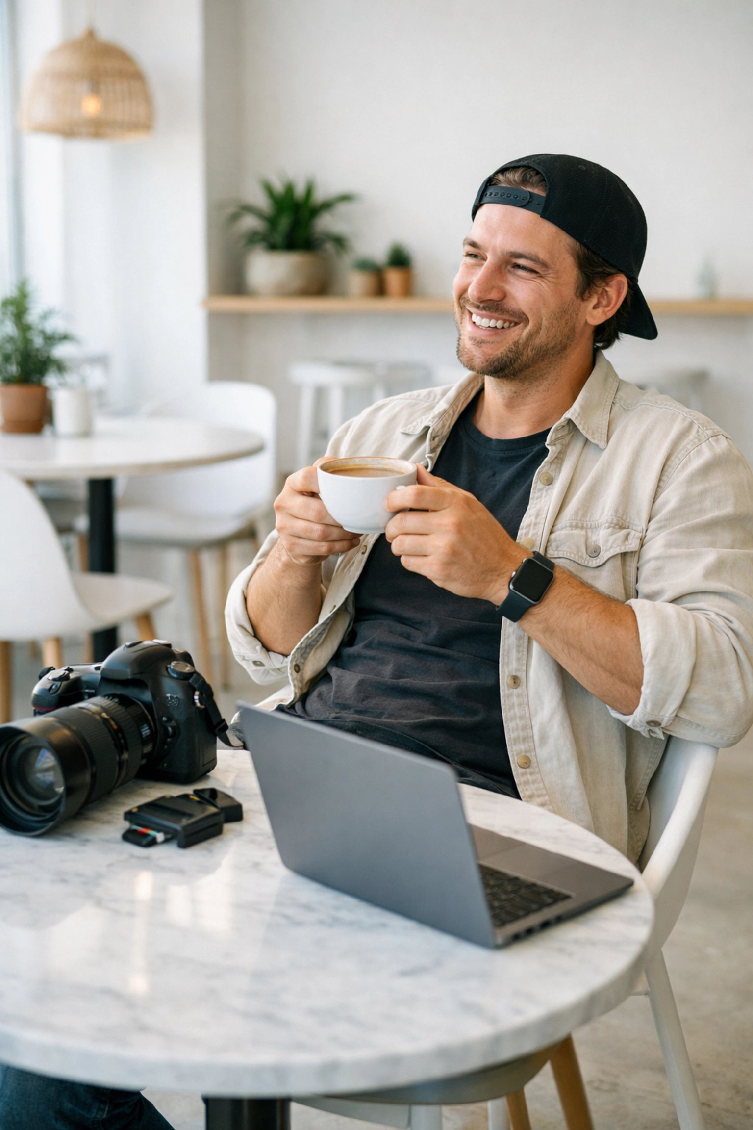Photographer relaxing in a cafe while managing a fast photography workflow and essential gear.