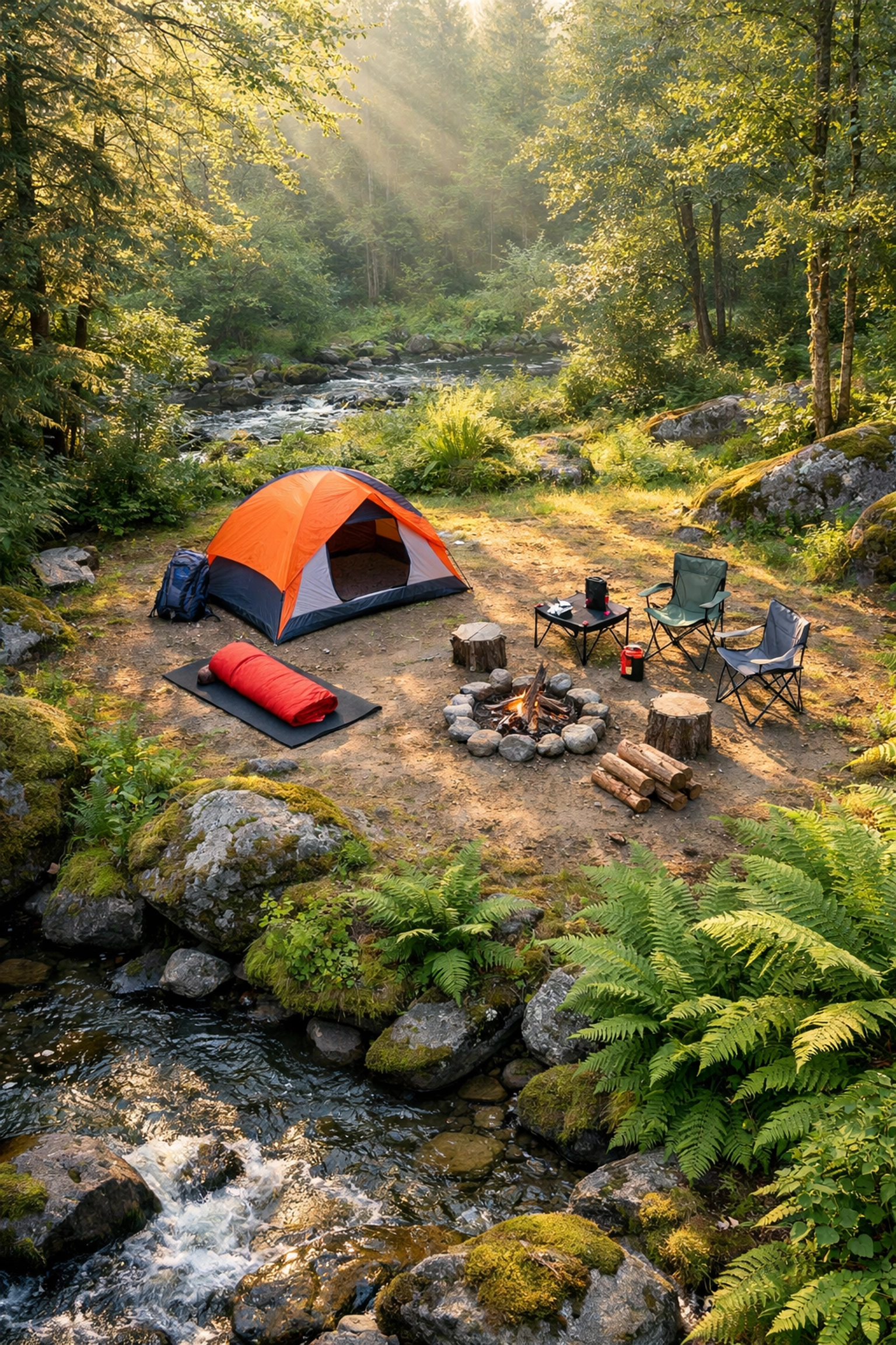 Well-selected wild camping spot near stream in UK woodland showing proper site placement