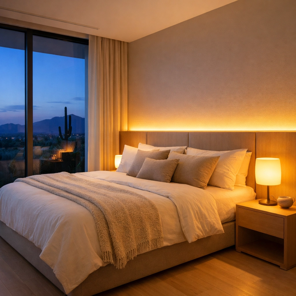 Master bedroom sanctuary with soft amber smart LED lighting for evening relaxation.