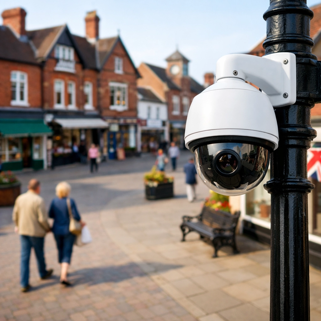 White CCTV camera monitoring a busy Kidderminster town square for community safety.