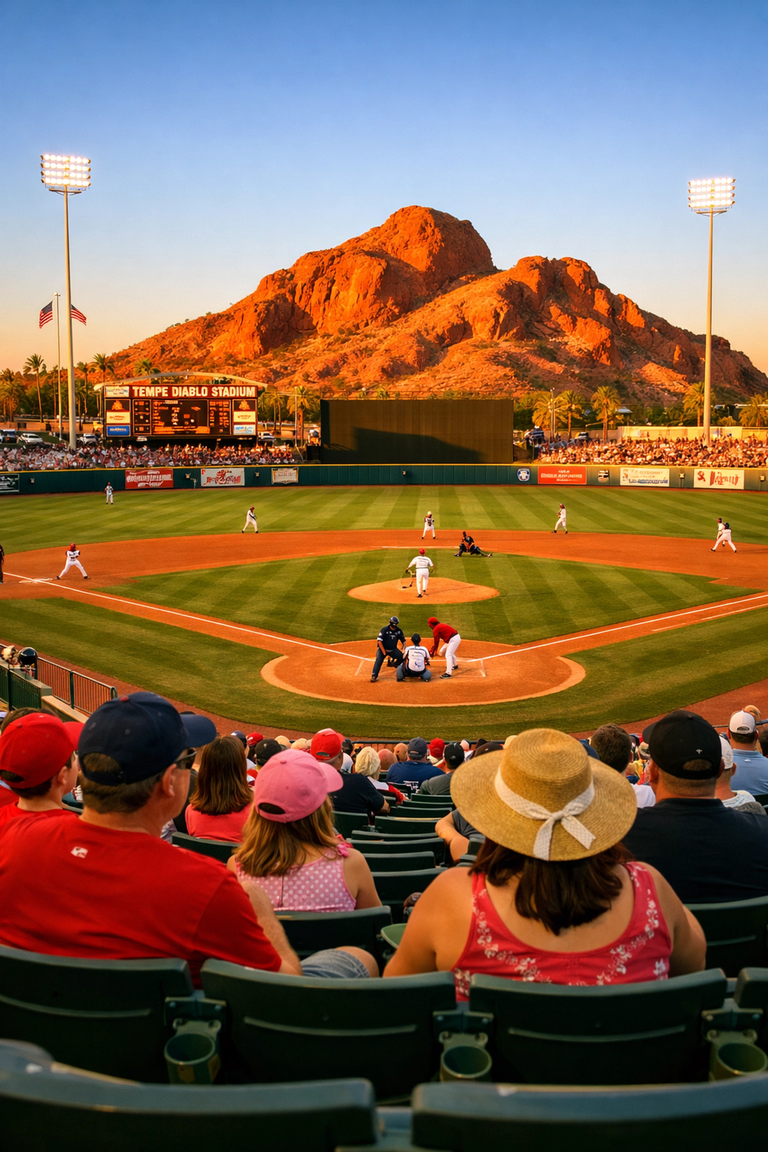 Tempe Diablo Stadium with red rock buttes backdrop during Angels spring training game Tempe Diablo Stadium with red rock buttes backdrop during Angels spring training game