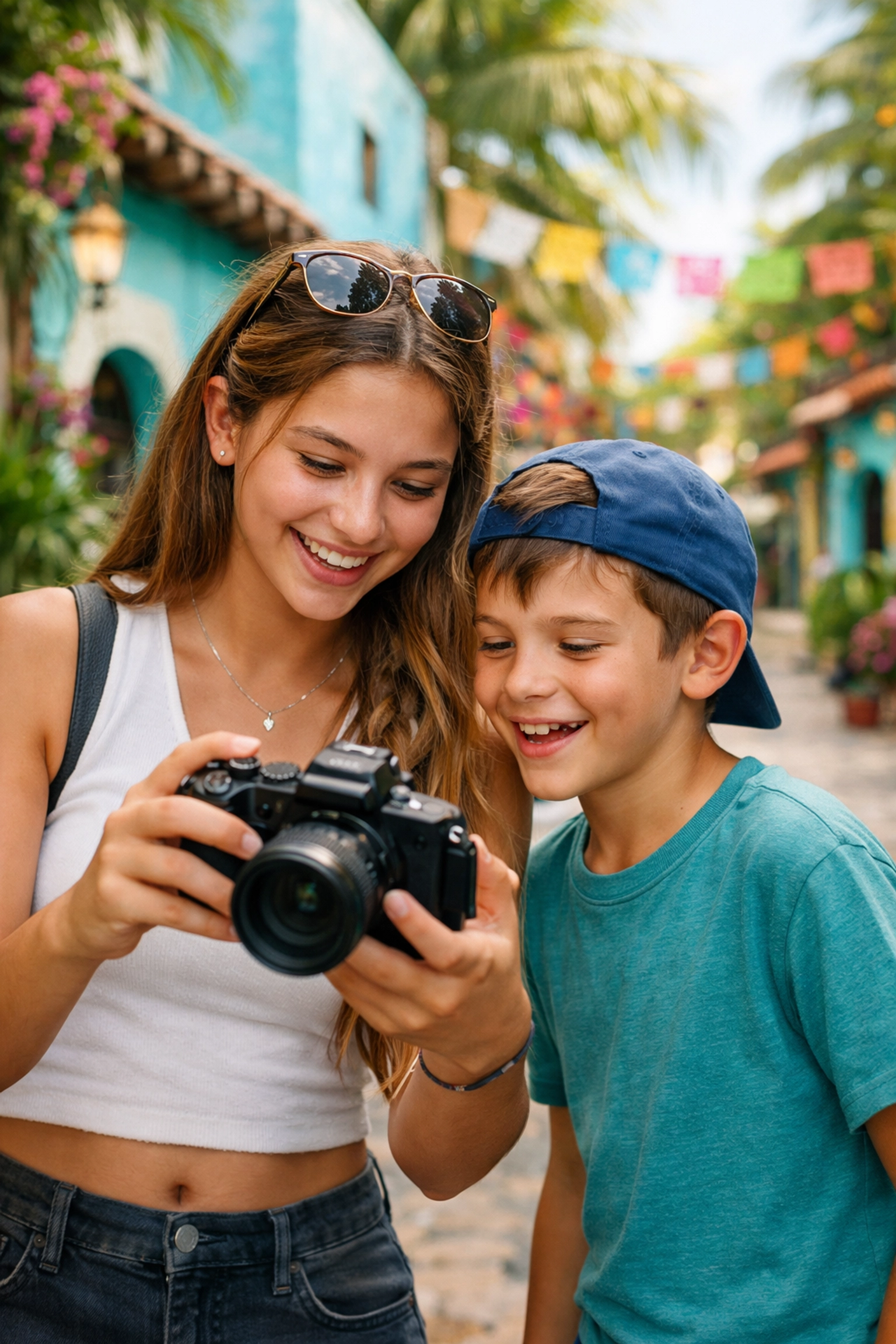 Siblings exploring colorful photo spots in Cancun while planning their favorite family travel activities.