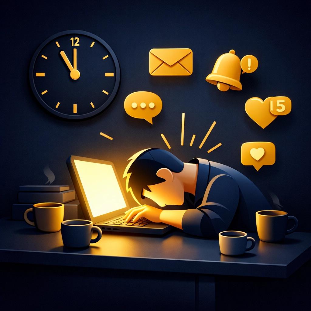 Overwhelmed MLM distributor working late managing manual tasks and notifications