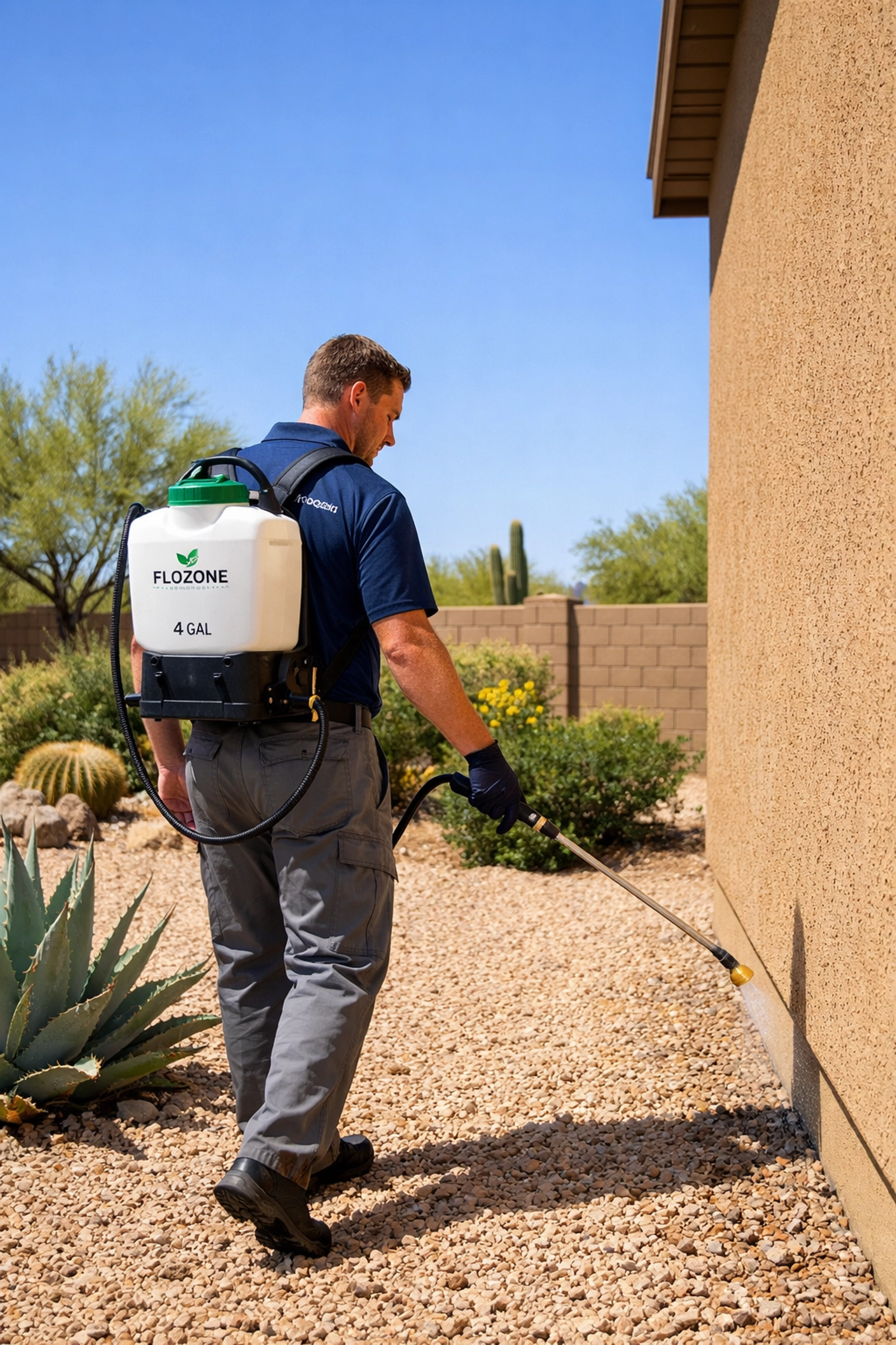 Bucksworth Home Services technician applying professional scorpion control treatment to a Scottsdale home foundation.